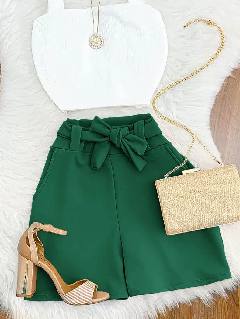 GOBLES Womens Summer Casual Shorts High Waist Ruffle Bow Tie Shorts Green - Image 3